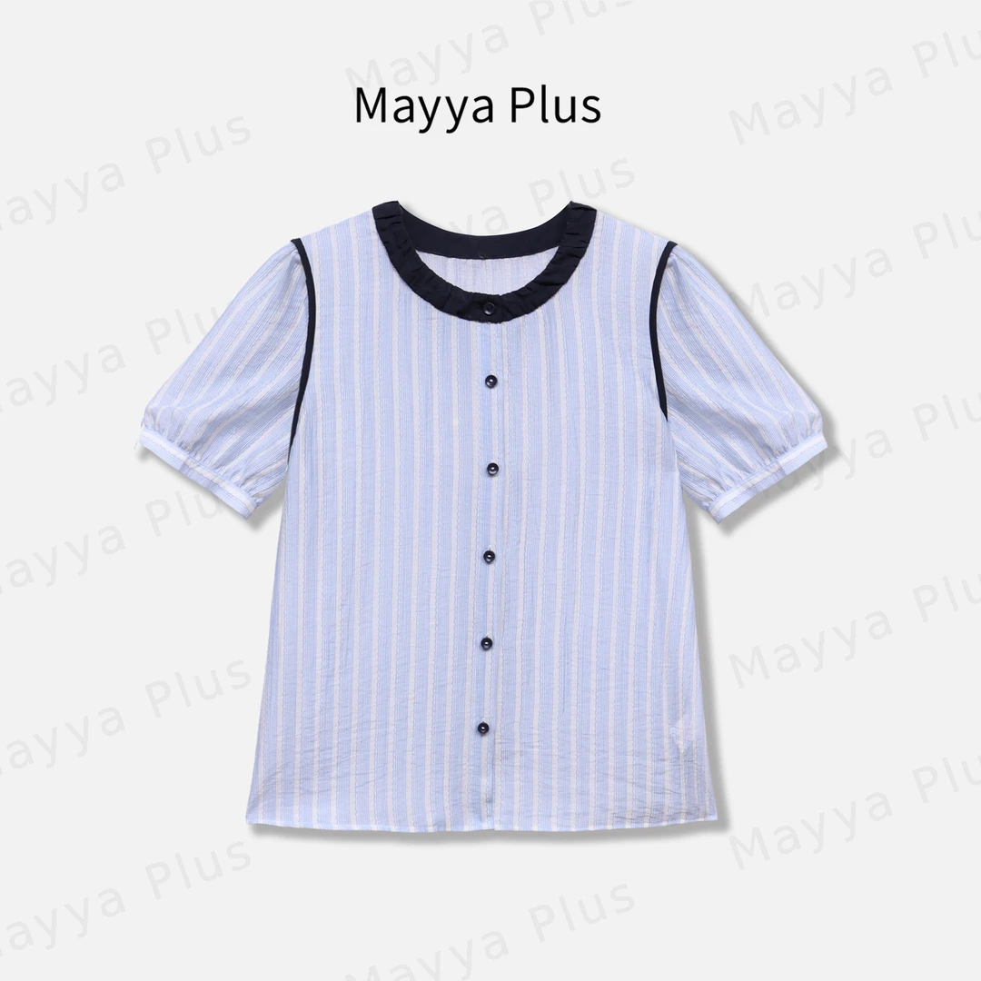【记事本】Mayya Plus麦芽定制圆领竖条纹短袖衬衫百搭上衣32526998