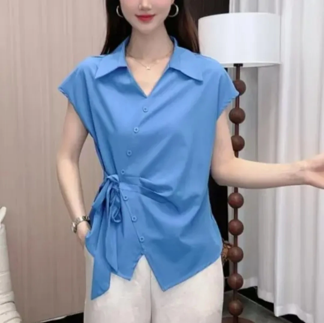 夏季洋气时尚百搭短袖小众夏款大码褶皱衬衫不规则