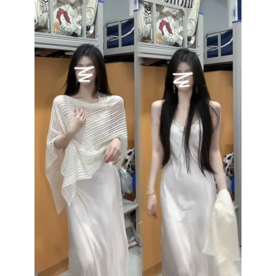 【现货】不规则气质斜肩针织防晒罩衫夏季时尚缎面吊带连衣裙两件套