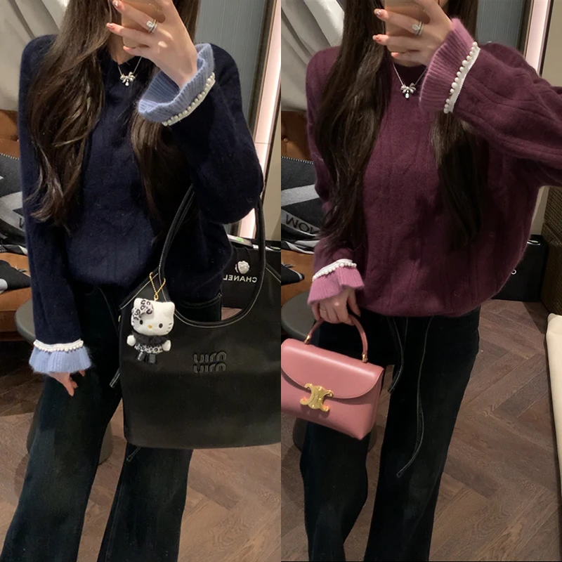 【mimius】游鹿鹿 珍珠花边撞色混纺毛衣 WF11007