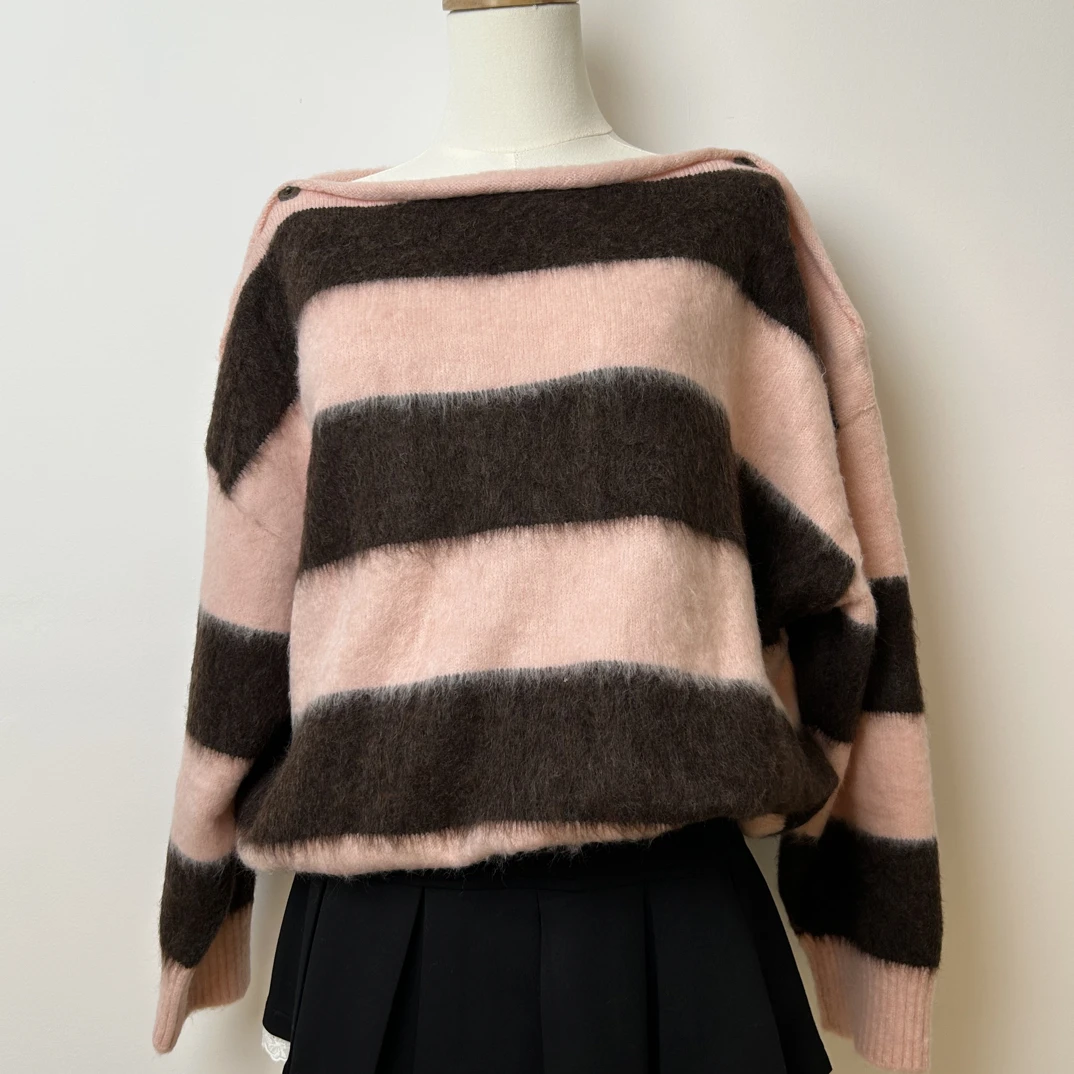 宽松型针织拼色慵懒风女毛针织衫睡衣针织衫带帽简约