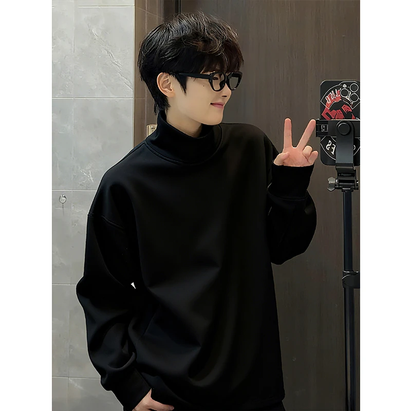 黑色半高领长袖t恤秋冬男生穿搭德绒打底衫cleanfit纯色正肩卫衣