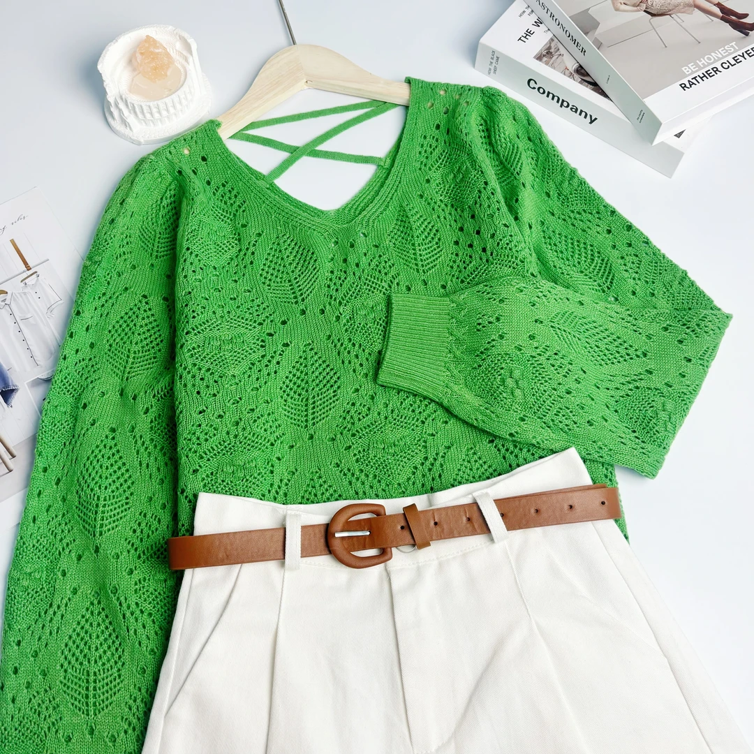 新新定制-V领纯色后背交叉带设计感微镂空纯色微透针织毛衣148921