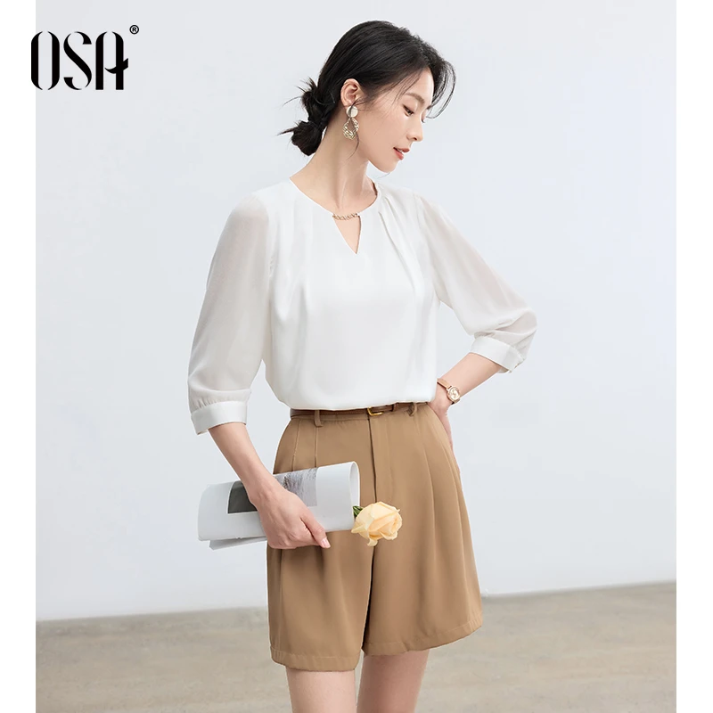 OSA/欧莎 【名片衬衫】气质镂空V领雪纺衬衫法式蕾丝拼接S124B17008