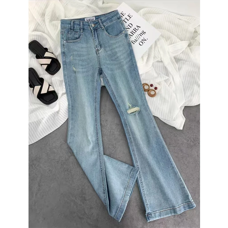 薄款牛仔裤女夏季新款破洞高腰显瘦气质磨破喇叭裤弹力微喇裤