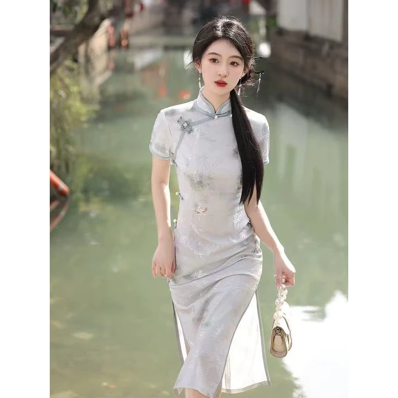 0545 灰蓝色【锦鲤】 蝴蝶对扣 竹影 旗袍