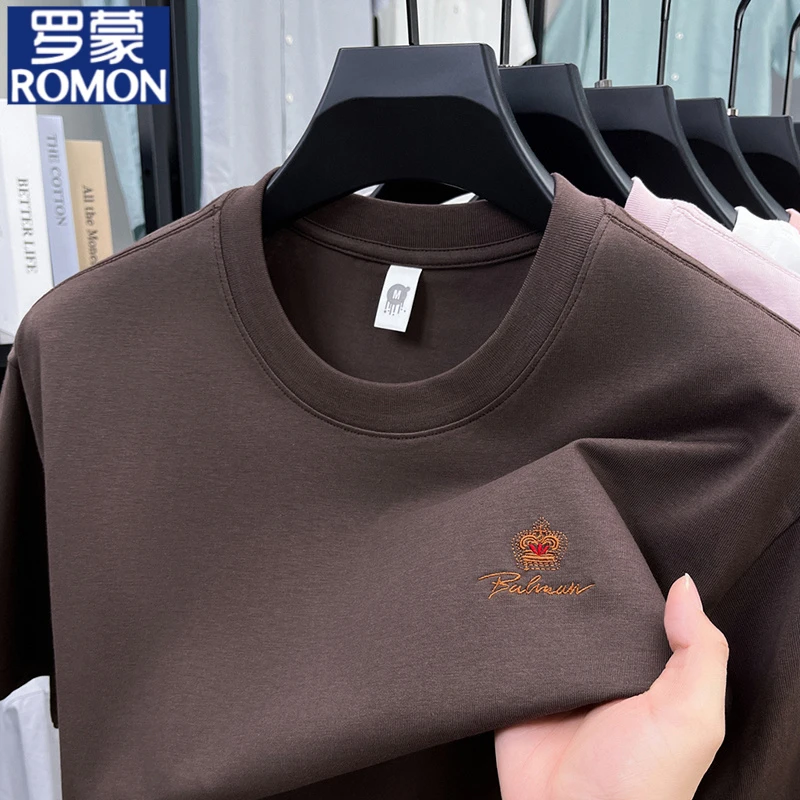 罗蒙高端刺绣圆领短袖t恤男2025夏季纯棉时尚休闲宽松男士上衣潮