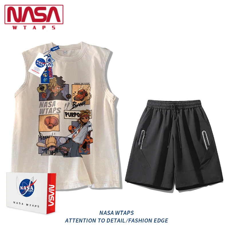 NASA WTAPS夏季复古高街坎肩无袖背心套装男印花T恤运动短裤两件
