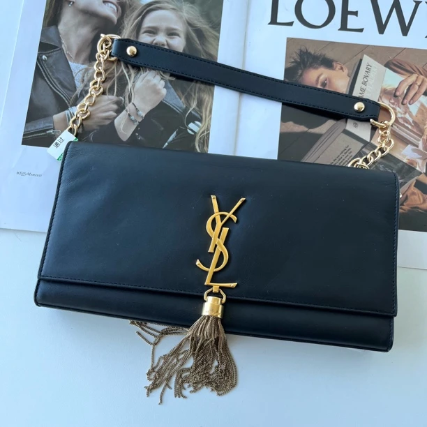 99新 YSL/圣罗兰 XM/哑光黑金Kate流苏手拿腋下包/F3AR04216007
