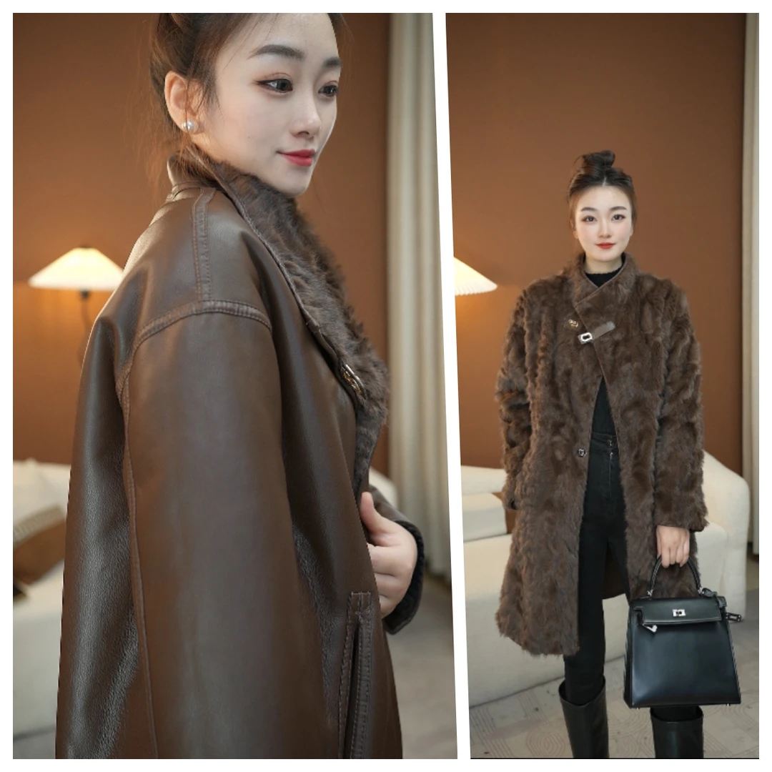 梦梦压条2024海宁毛毛外套带腰带高品质时尚保暖宽松加厚