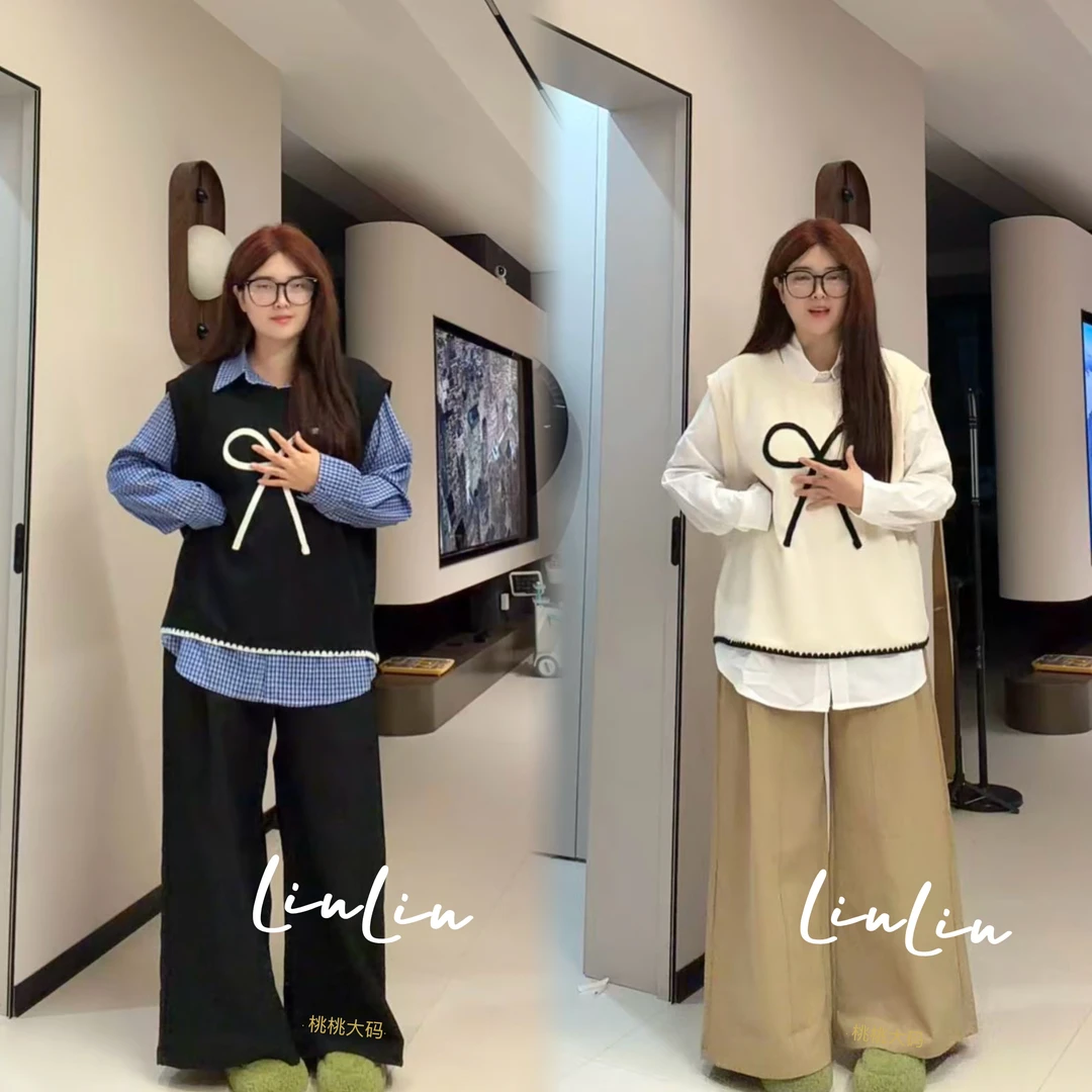 秋季新款大码胖MM叠穿衬衫蝴蝶结马甲上衣宽松遮肉阔腿裤套装