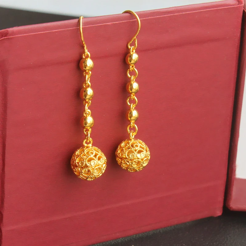 铜合金耳饰 镀金耳环镂空圆形绣球耳坠玲珑气质女士转运珠时尚