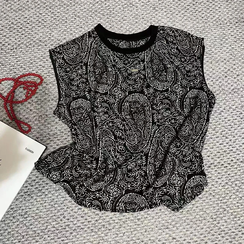 碎花印花短袖女士T恤无袖短款时尚圆领2025夏季薄款百搭减龄上衣