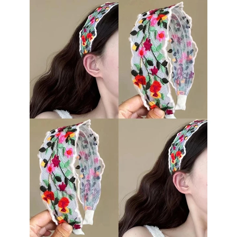 复古花朵刺绣发箍小众设计感绣花宽边头箍不压脑袋发饰高颅顶头饰