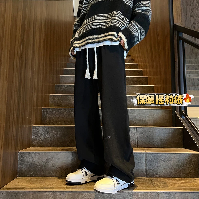 D2211港风潮牌冬季保暖刺绣字母摇粒绒休闲长裤