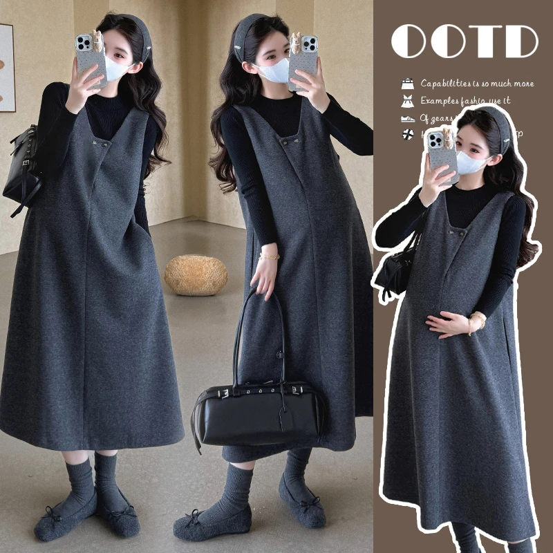 孕妇装秋冬款套装高级感气质连衣裙软糯宽松长款毛呢背心裙两件套