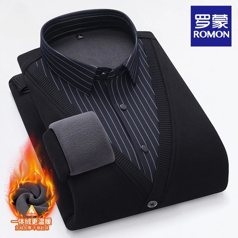 【5A抗菌】罗蒙冬季男士假两件针织衫加绒加厚保暖商务休闲v领衬衫