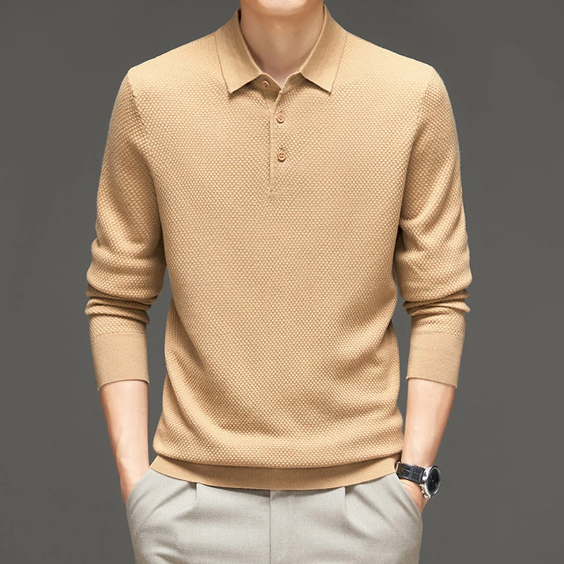 春秋季桑蚕丝长袖T恤男休闲翻领含羊毛针织polo衫真丝T恤上衣服