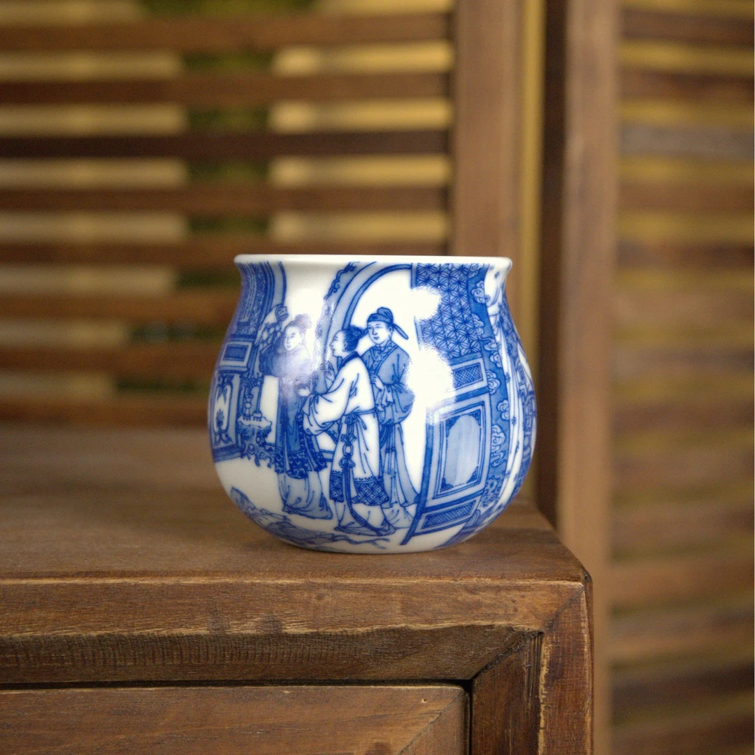 【晓花窑】青花桃花扇单杯手工景德镇陶瓷茶器重工高端主人杯