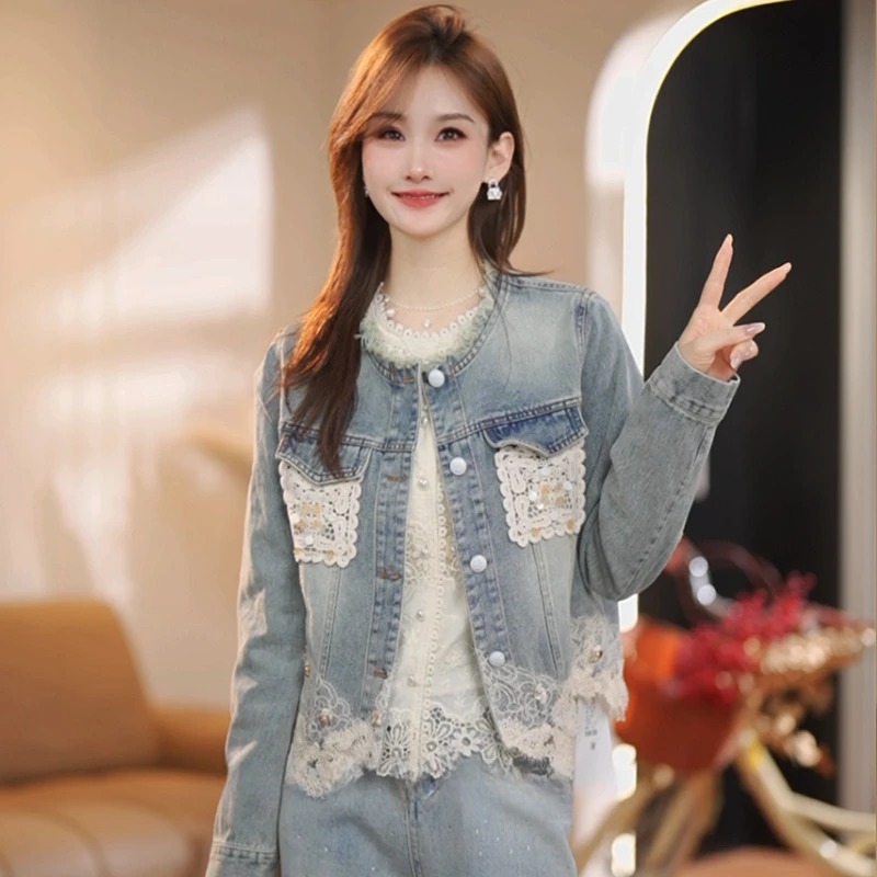 高含棉拼接蕾丝花边牛仔外套女2025年春秋新款设计感撞色百搭上衣