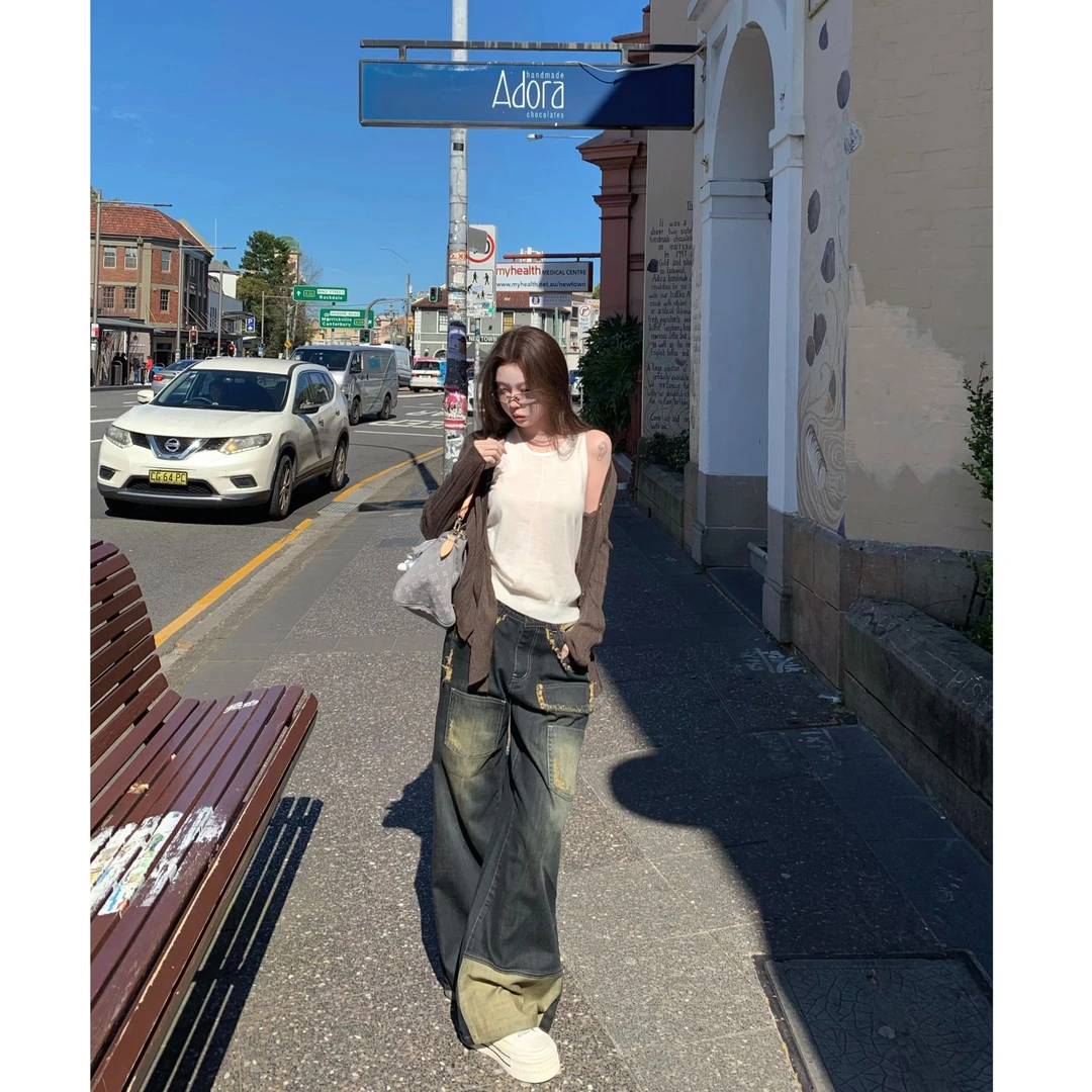 美式复古做旧撞色阔腿牛仔裤女小个子低腰长裤秋季设计感