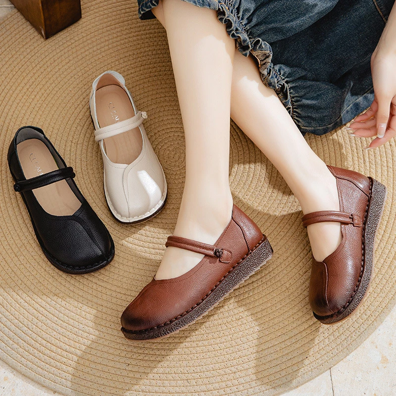 2025头层牛皮浅口真皮妈妈鞋女春秋款休闲女鞋平底中老年单鞋8556