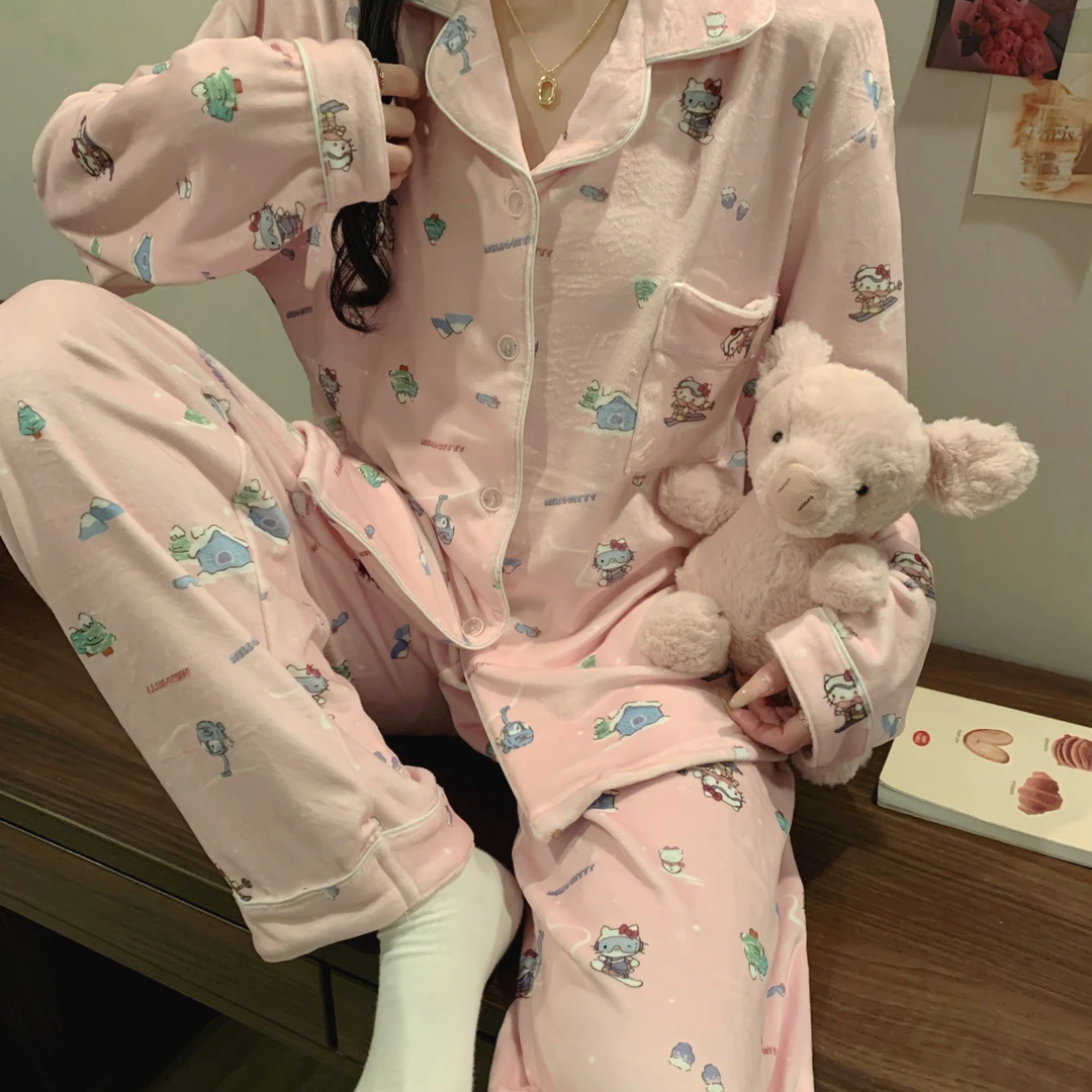 凯蒂猫秋冬季卡通甜美海岛绒女士睡衣套装长袖加绒保暖网红家居服