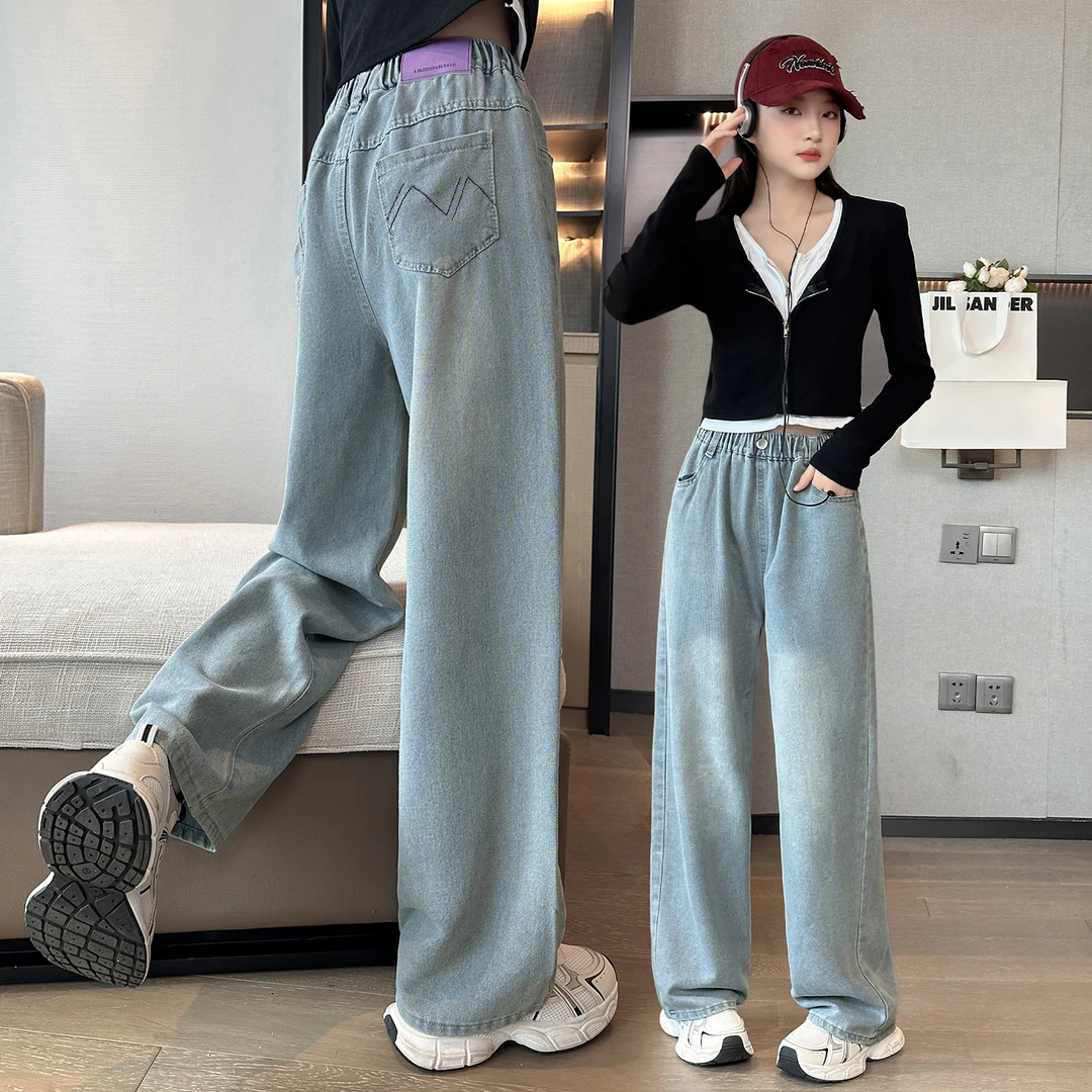 女童牛仔裤春秋新款2025中大童洋气宽松儿童直筒裤显瘦女孩阔腿裤