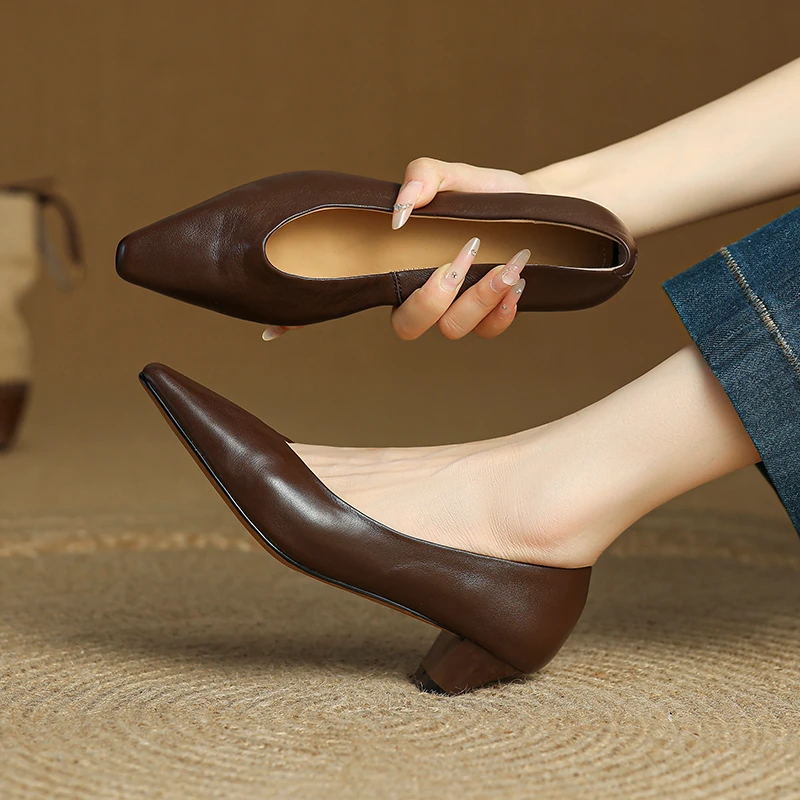 4.5cm法式通勤高跟鞋粗跟百搭软皮黑色职业鞋春秋百搭浅口单鞋女