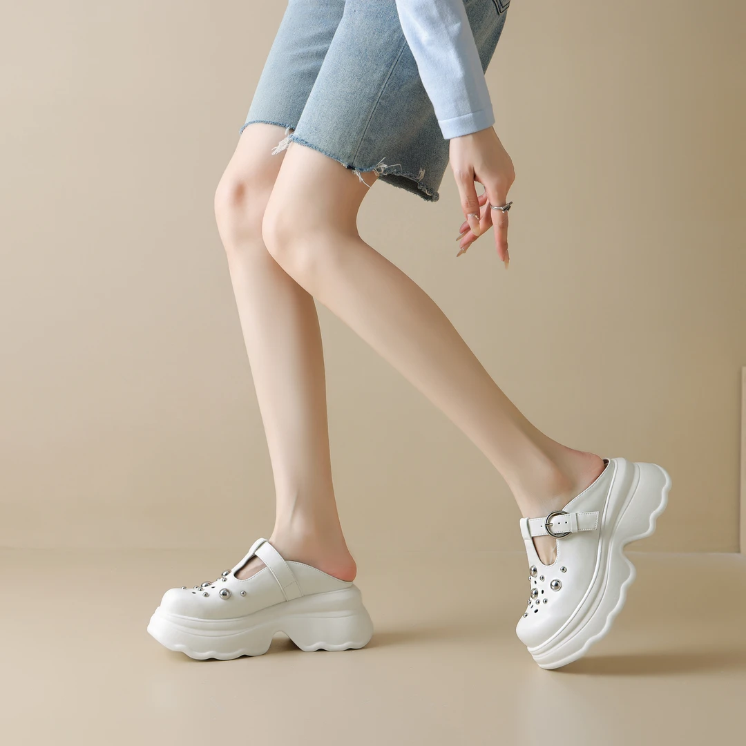 牛皮/6cm真皮网红高跟半拖鞋女百搭外穿厚底凉拖小个子增高凉鞋