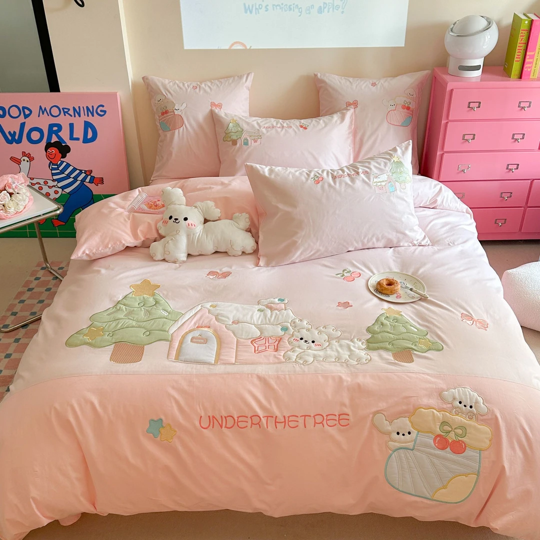 小玲子 欢乐狗 全棉纯棉三件套四件套 刺绣工艺 可爱风