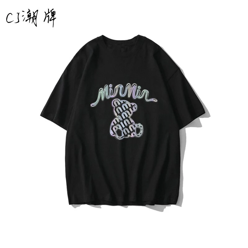 短袖夏季纯棉minmin熊线条印花T恤重工艺八彩印花圆领情侣设计师