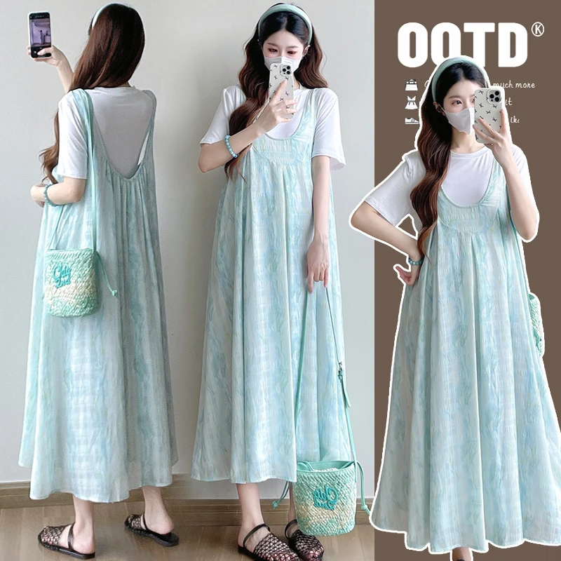 【安安】孕妇装夏季减龄花色背带裙+上衣两件套孕妇连衣裙夏装套装