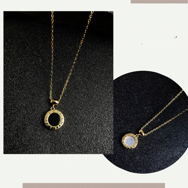 坠链均925银 气质简约时尚百搭黑白双面圆牌项链1900809