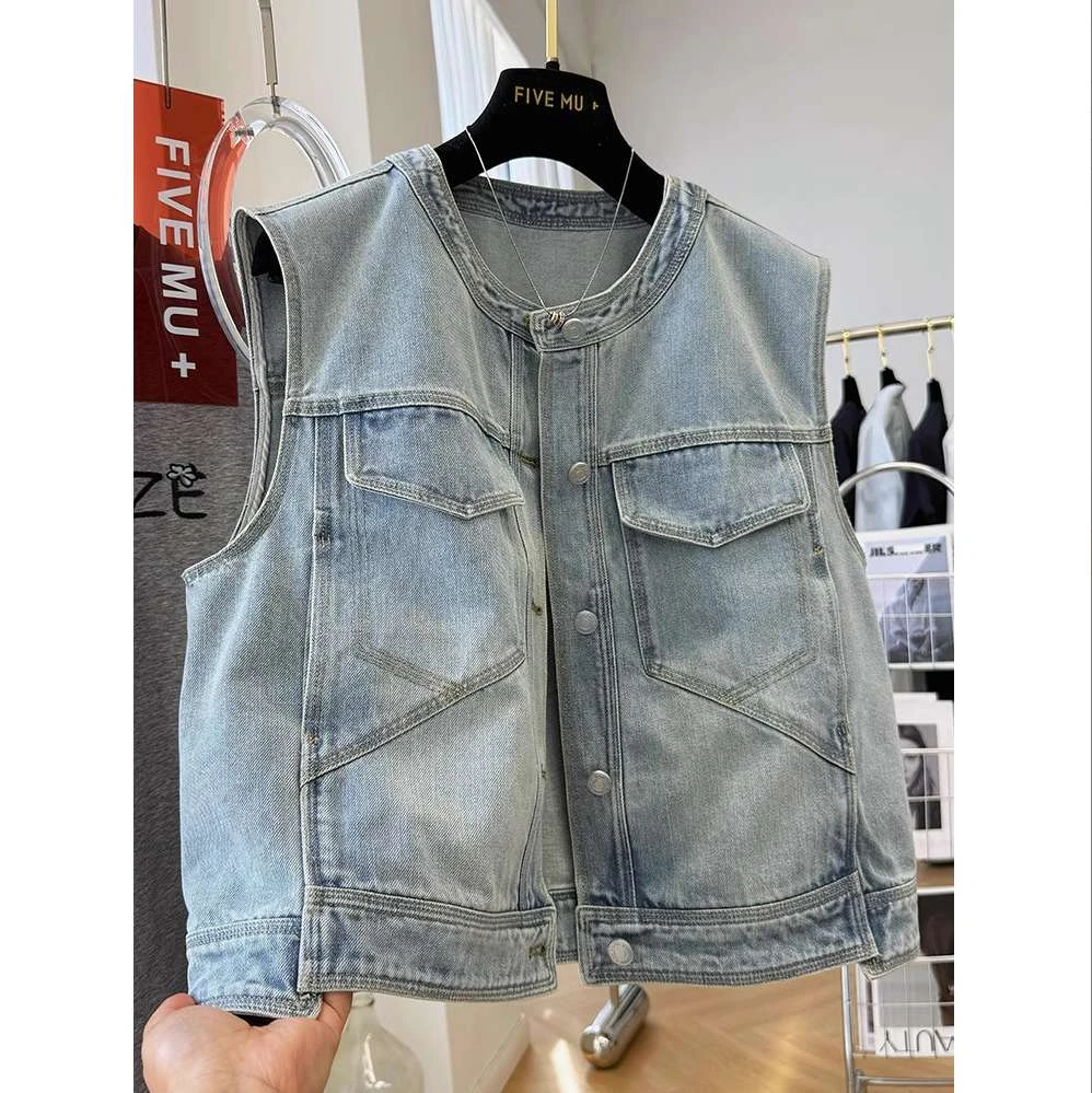 2025夏季新款韩版复古百搭设计感圆领无袖水洗牛仔马甲外套