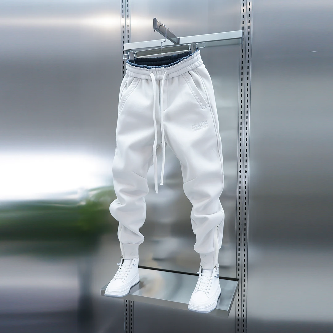 潮流男士冬季加绒刺绣宽松束脚休闲裤弹力松紧腰小脚运动卫裤