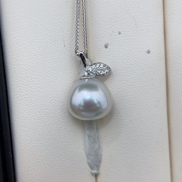 银S925镶嵌海水珍珠颈饰11.9mm 澳白 青粉 苹果吊坠H7