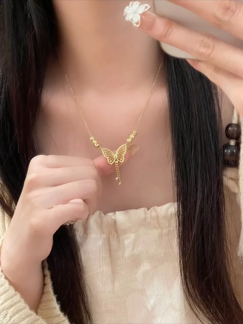 钛钢项链 电镀18k 轻奢设计感蝴蝶项链女金色转运珠锁骨链 3125
