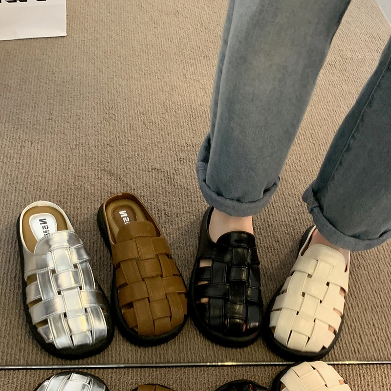 5210包头编织修面皮罗马风格包头拖半拖复古韩版网红厚底防滑春夏