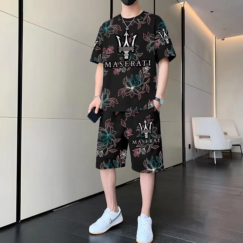 潮牌休闲套装男夏季薄款时尚外穿短袖短裤宽松帅气显瘦印花两件套