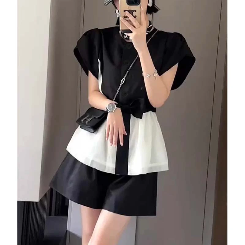 【浅浅专属】【两件套】设计感收腰蝴蝶结短袖衬衫显瘦短裤套装D2636