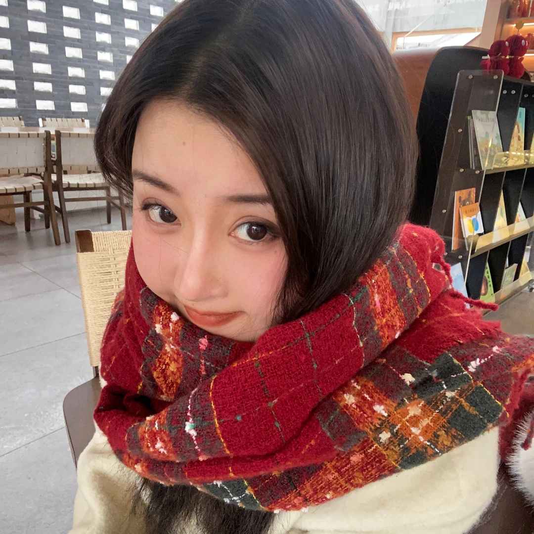 围巾红色格子新款百搭保暖复古围脖格纹秋冬满目星辰安克拉红