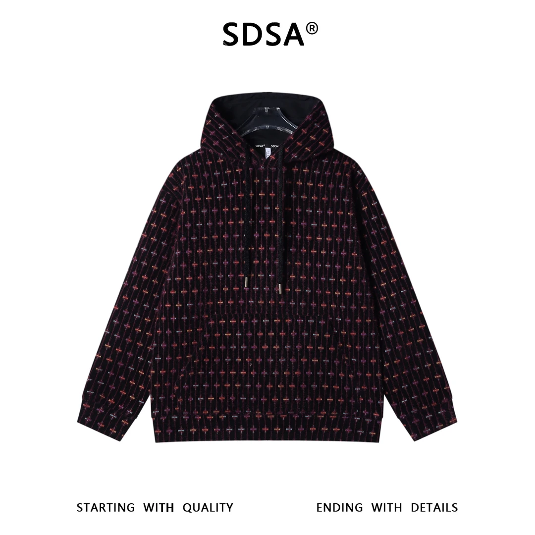 SDSA男士秋冬新款痞帅男装简约设计师撞色竖纹绒毛连帽卫衣百搭