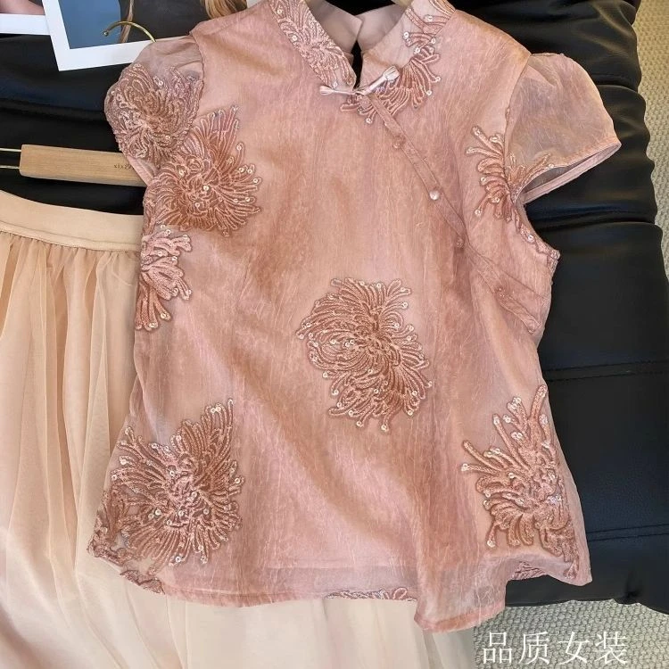 新款亮片新中式高级甜美小清新2025外穿高级气质上衣衬衫