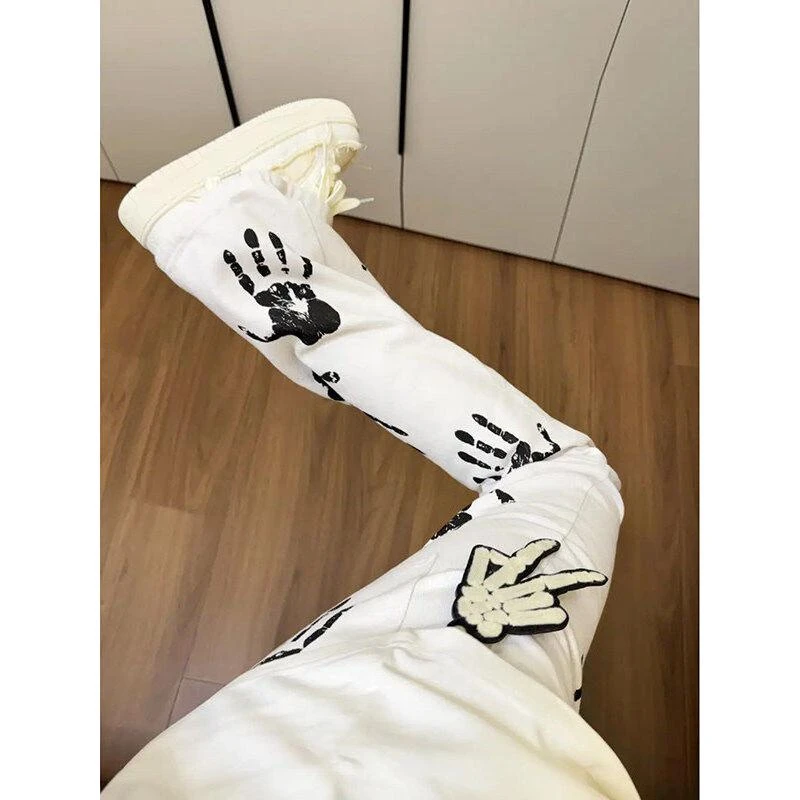 cleanfit风微喇牛仔裤男夏季美式高街手掌印痞帅裤子BZ96直筒长裤