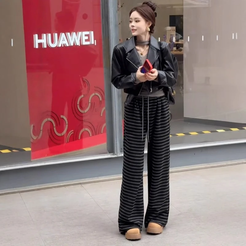 慵懒风撞色条纹阔腿裤女2025春秋爆款韩版百搭宽松休闲显瘦拖地裤