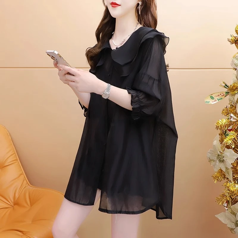 自留款推荐~夏季娃娃领衬衫防晒衣女设计感微透雪纺薄款别致上衣