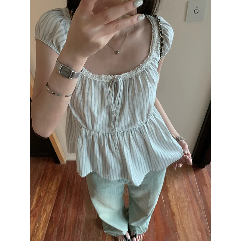 YOKALSS少女家 蓝色法式条纹短袖衬衫百搭甜美上衣 C35799S52