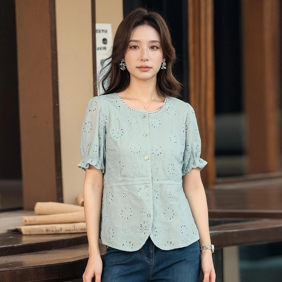 奢姿大码女装2025夏季减龄蕾丝花边镂空上衣胖妹妹时尚百搭衬衫