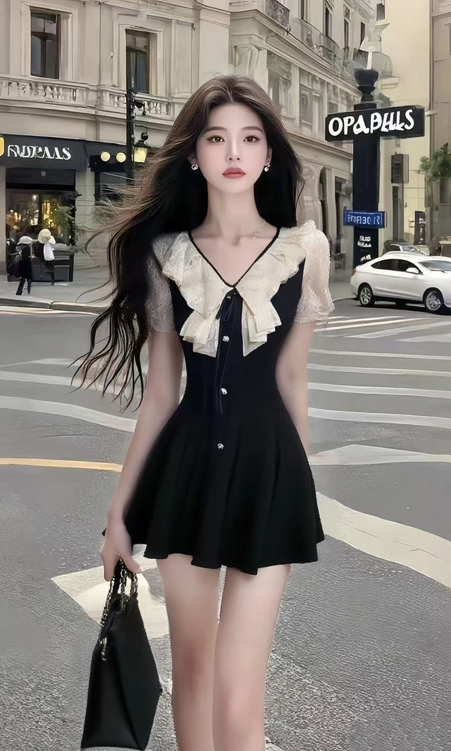 新款时尚小香风轻奢千金风V领短袖收腰连衣裙氛围感时尚气质女装